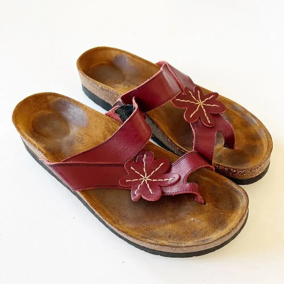 NAOT Dark Red Leather Floral Motif Cork Sandals Women’s Size 12‎ Summer Slides - Picture 6 of 11